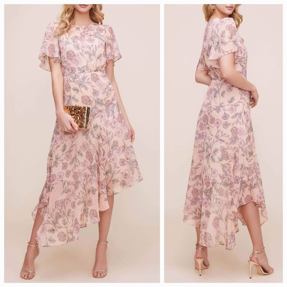 ASTR The Label Flutter Sleeve Midi Dress In Pink Garden Floral Women's Size L